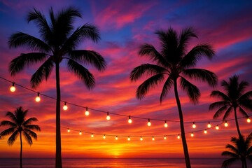 Silhouetted palm trees and string lights against a vibrant tropical sunset sky
