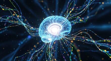 Glowing translucent brain central to a dark field interconnected by vibrant light-dotted neural pathways radiating outwards and inwards