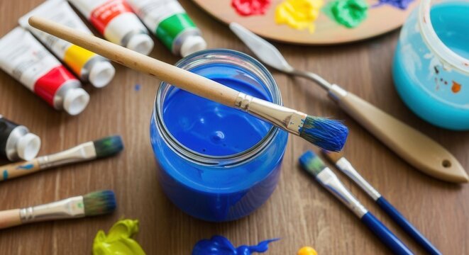 A paintbrush rests on a glass jar of vibrant blue paint surrounded by various art supplies on a wooden surface
