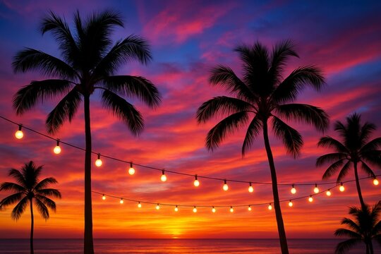 Silhouetted palm trees and string lights against a vibrant tropical sunset sky