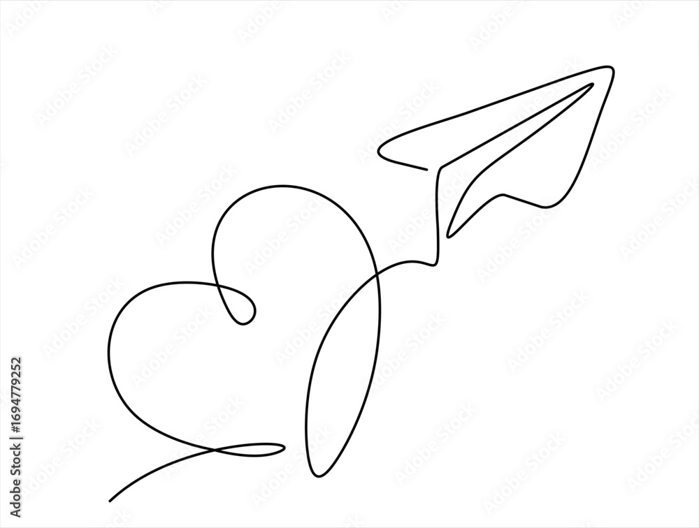 Poster continuous one line drawing of paper plane path in heart form. one single line paper plane route wit