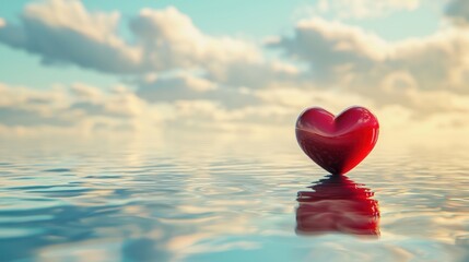 A red heart-shaped object floating on water with a cloudy sky in the background.