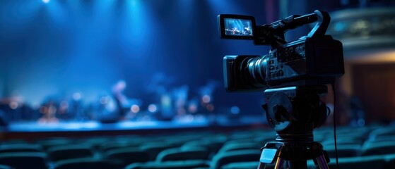 The Video Camera Capturing Live Concert Performance in Dimly Lit Theater Auditorium