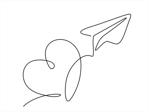 Continuous one line drawing of paper plane path in heart form. One single line paper plane route with start point and hearted way, aircraft with heart shaped trace.  Hand drawn. Editable stroke