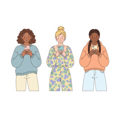 Obraz premium Diverse set of modern women enjoying technology, smiling and looking at smartphone screens with positive reactions.