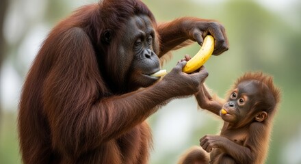 Orangutan mother feeding her baby orangutan a banana.