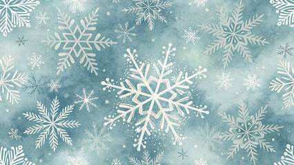 Seamless icy blue pattern with stylized snowflakes on a frosty watercolor background perfect for winter-themed designs, seasonal packaging and holiday greeting card visuals