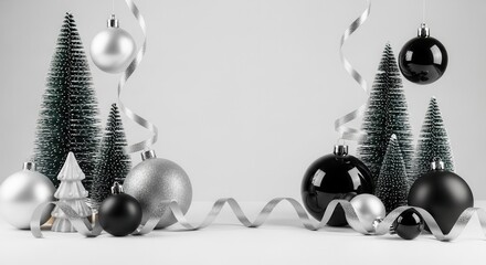A symmetrical display of miniature bottle brush trees glossy and matte spherical ornaments in silver and black and shimmering ribbons on a light surface