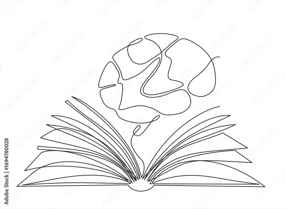 Poster open book lying down with human brain above continuous one line icon drawing. book with brain symbol