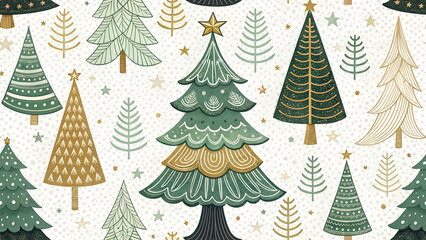 Seamless decorative pattern with stylized Christmas trees in muted green, beige and gold tones on dotted background perfect for wrapping paper, textiles and holiday branding