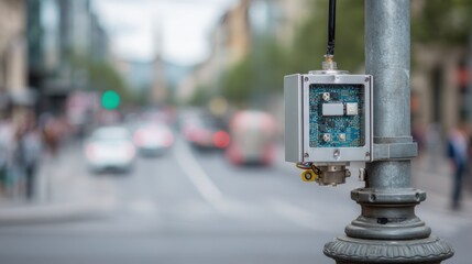 Focused medium shot of a connected environmental sensor on a lamppost with city streets out of focus representing data collection and firmware integrity in urban IoT deployments.