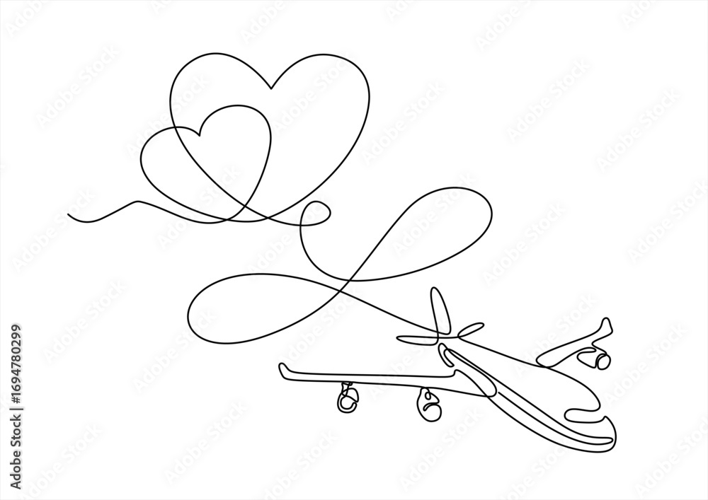Poster continuous one line drawing of airplane path in symbol of infinity and heart form. one single line a