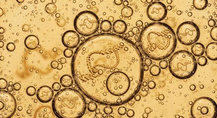 Golden liquid containing clear spheres of various sizes with many larger spheres encasing coiled double-helix-like filaments