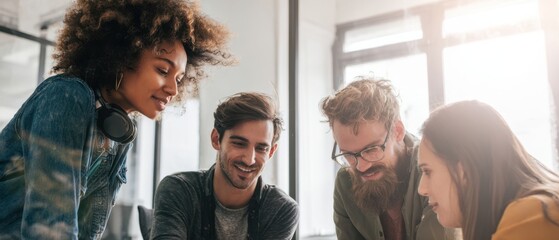 The Team of Young Professionals Collaborating Over a Laptop in a Bright Office Space