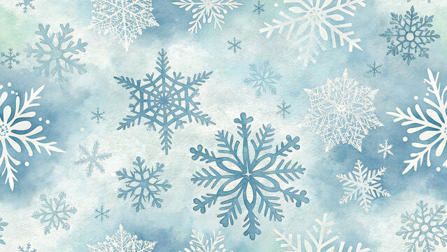 Seamless icy pattern with hand-drawn snowflakes in various shapes on soft watercolor blue background ideal for seasonal wrapping, winter decoration and cold-themed designs - Powered by Adobe