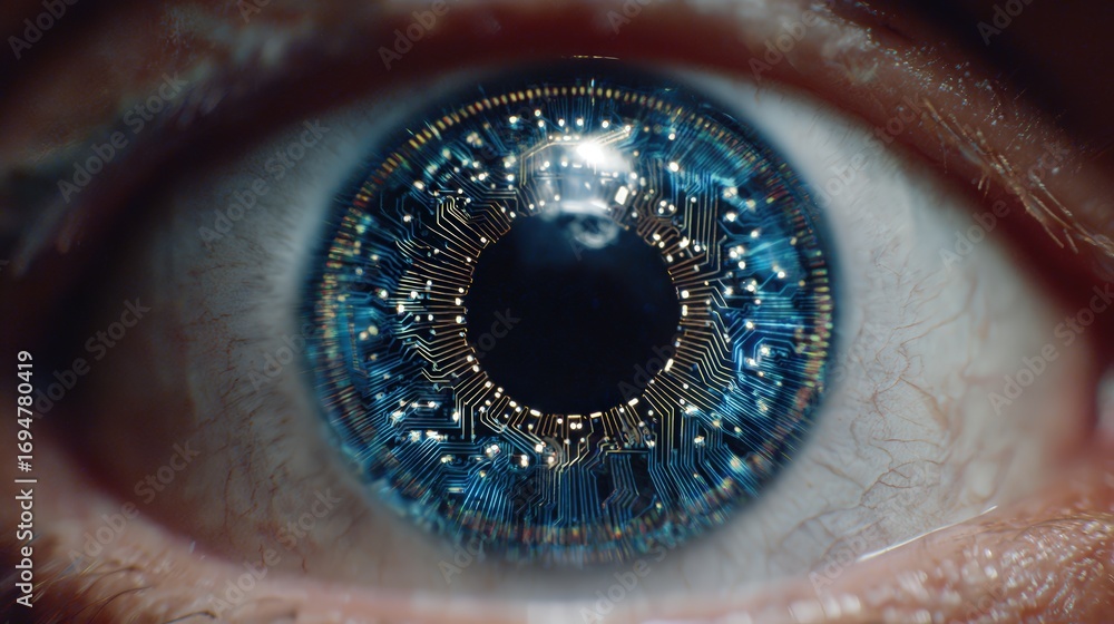 Poster close-up of human eye with digital circuit pattern in iris showing technology connection and futuris