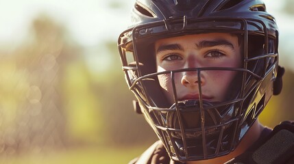 Intense Gaze Baseball Catcher Ready Behind The Mask, Focused on The Game