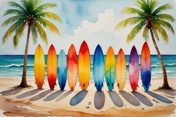 A Vibrant Display of Surfboards Stretched along a Tropical Beach under Palm Trees and a Sunny Sky