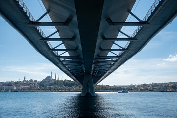 The various architectural views and perspectives of the Golden Horn Metro Bridge, located in the touristy Eminönü Golden Horn district of Istanbul, its cable-supported design and engineering structure
