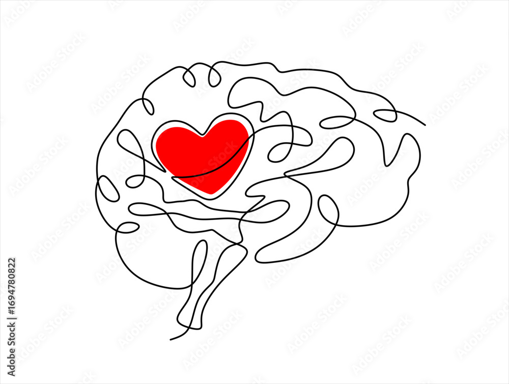 Poster human brain and heart inside continuous line drawing. rationality with emotions connection concept. 