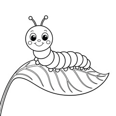 Cute cartoon caterpillar sitting on a leaf outline