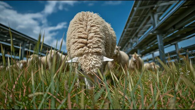 Peaceful scene on sustainable agrivoltaics farm where curious sheep enjoy grazing green grass under vast solar panel for renewable energy