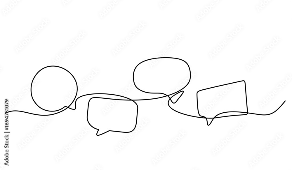 Poster continuous one line drawing of four speech bubbles with modern minimalist style on white background 
