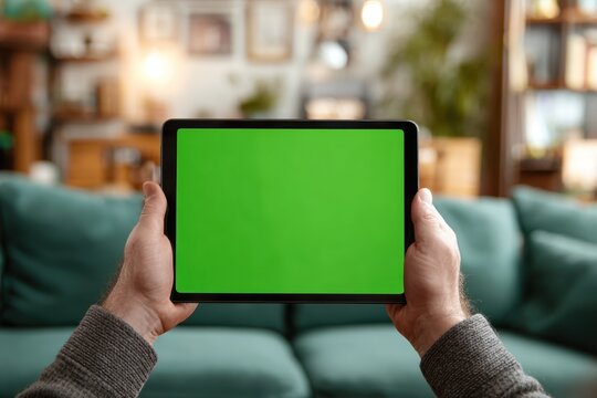Young person holding a digital tablet with green screen in a dining room. Computer Mockup. Person using digital tablet green background display. Chroma key device. Closeup. Personal view. POV