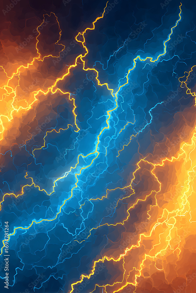 Poster abstract lightning pattern with vibrant blue and orange colors, creating a dynamic energy effect