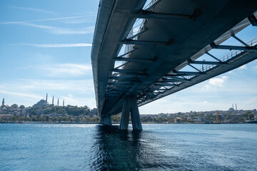 The various architectural views and perspectives of the Golden Horn Metro Bridge, located in the touristy Eminönü Golden Horn district of Istanbul, its cable-supported design and engineering structure
