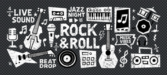 Crayon music sticker collage highlights rock doodle icons, hand sketch notes and cassette. Crayon music vector suits retro flyer, digital wallpaper, poster decoration and modern social media artwork.