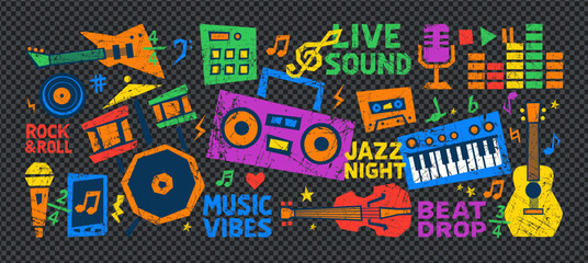 Crayon music sticker sheet shows rock doodle graphics, hand drawn instruments and notes. Crayon music artwork suits school project, t-shirt print, festival poster and abstract street collage.