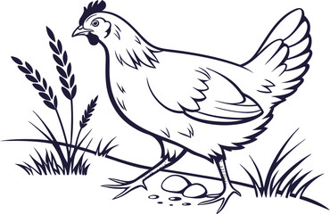 Obraz premium Monochrome Drawing of a Chicken Walking Near Wheat and Eggs