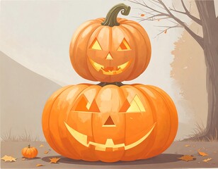 Two jack-o'-lanterns stacked, autumnal scene