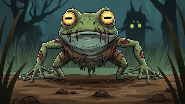 A zombie frog with torn clothes and bloody mouth in a dark swamp