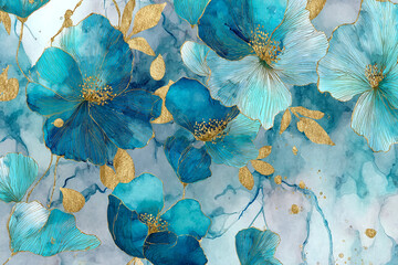Teal and gold floral artwork watercolor painting blue flowers leaves elegant design