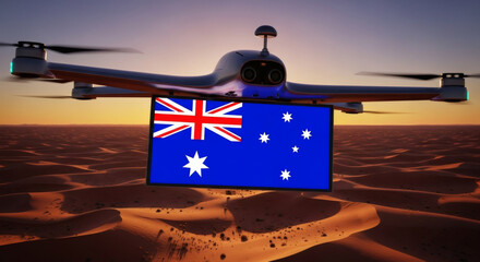Advanced drone delivers Australian flag over vast desert landscape at sunset, symbolizing global reach