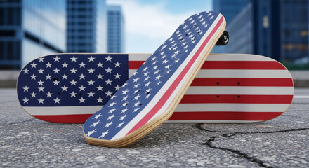 Dynamic skateboards featuring iconic American flag designs ready for urban adventure and patriotic expression