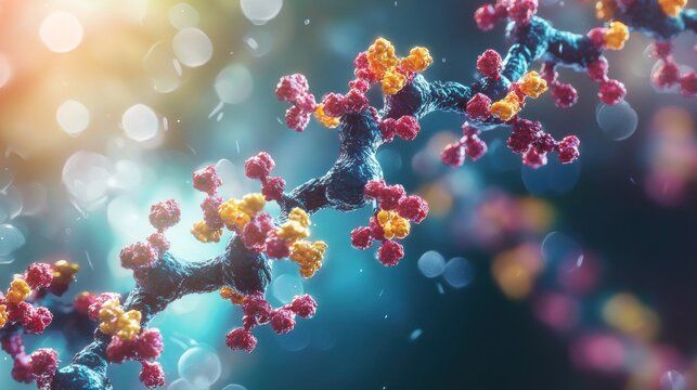 A colorful, abstract molecular structure with pink, yellow, and blue hues, set against a blurred, bokeh-like background. The structure appears to be a DNA or RNA molecule,