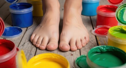 Bare feet stand on a wooden surface surrounded by open containers of colorful paints including blue red yellow and green