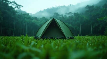Jungle survival training with explorers setting up camp in a remote green wilderness.