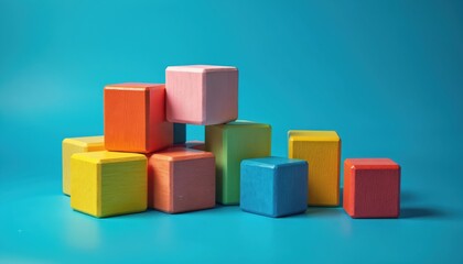 Obraz premium Colorful wooden building blocks are stacked on a bright blue background. The blocks feature primary colors and a simple, hard-wearing texture, suggesting early childhood learning and creative play.