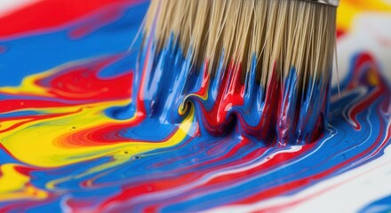 Brush bristles immersed in red blue and yellow paint with dynamic swirls