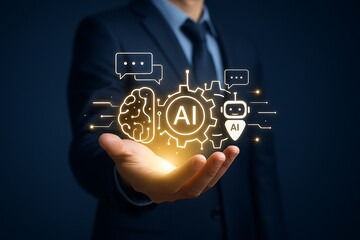 Businessman Holding AI Hologram with Brain and Chatbot Technology Concept.