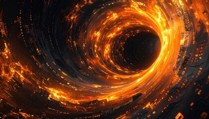 A swirling, fiery vortex tunnel, filled with glowing orange and dark elements, creates a captivating and otherworldly visual effect.