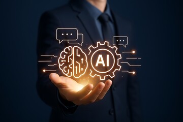 Businessman Holding AI Hologram with Brain and Chatbot Technology Concept.