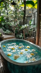 Luxury Bathtub with Floating Flowers and Lemons in Tropical Outdoor Bathroom Setting