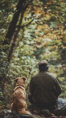 Man and Golden Retriever Dog Sitting on Rock Looking at Woods, Autumnal Back View