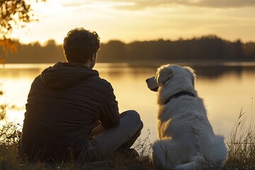 Man and White Dog Contemplate Lake at Sunset, Peaceful Companionship and Serenity
