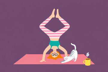 A Whimsical Scene of a Woman Practicing Yoga in a Handstand Pose with a Playful Cat and a Warm Mug in a Cozy Indoor Setting